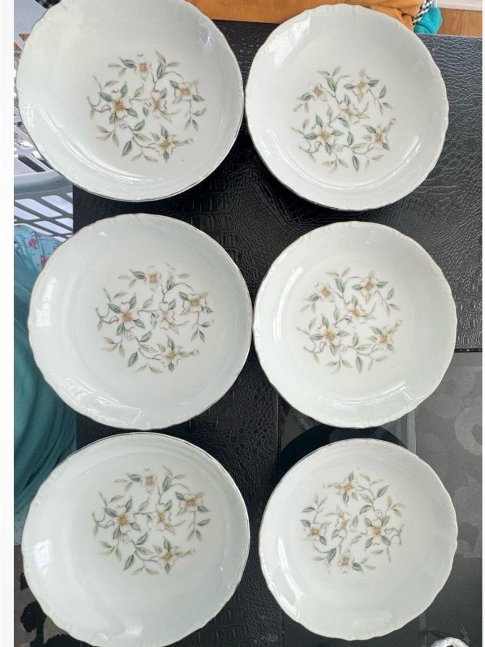 Classic White Porcelain Dessert Bowls with Green Floral Motif - Set of 6